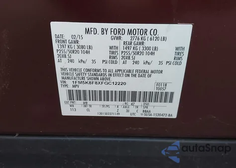 2015 Ford Explorer Limited from USA, damaged, VIN 1FM5K8F8XFGC12220